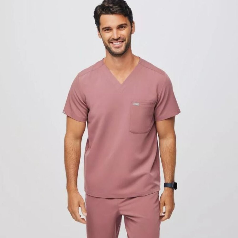 Figs Men's V-Neck Scrub Top in Dusty Rose